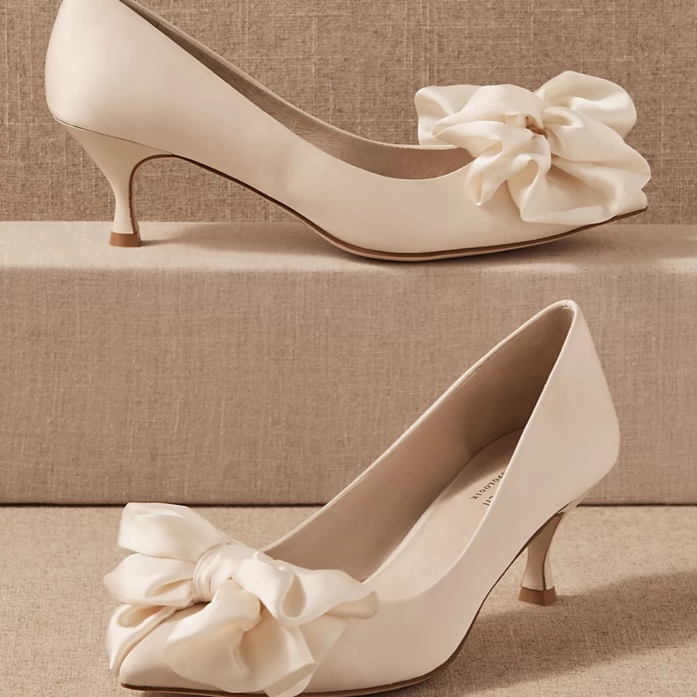 New Jeffrey Campbell x BHLDN Polina 6 Ivory Bow Satin Kitten Heel Wedding Bridal